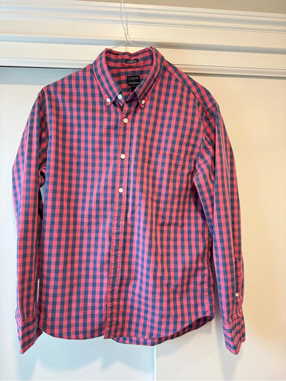 J. Crew Pink and Navy Check Cotton Button-Down Shirt